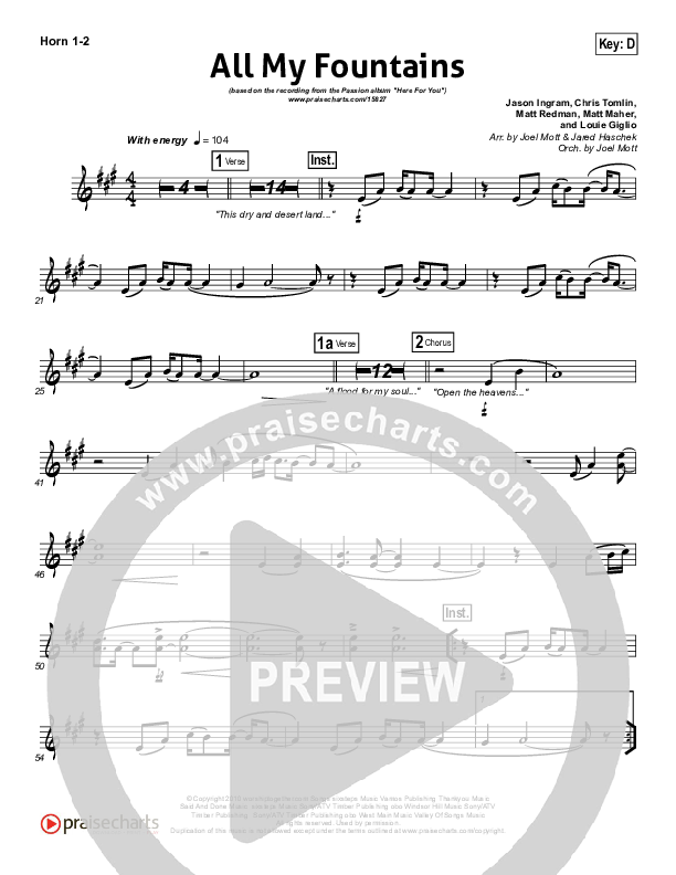 All My Fountains (Choral Anthem SATB) French Horn 1/2 (Chris Tomlin / NextGen Worship / Arr. Richard Kingsmore)