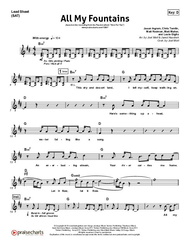 All My Fountains (Choral Anthem SATB) Lead Sheet (Chris Tomlin / NextGen Worship / Arr. Richard Kingsmore)