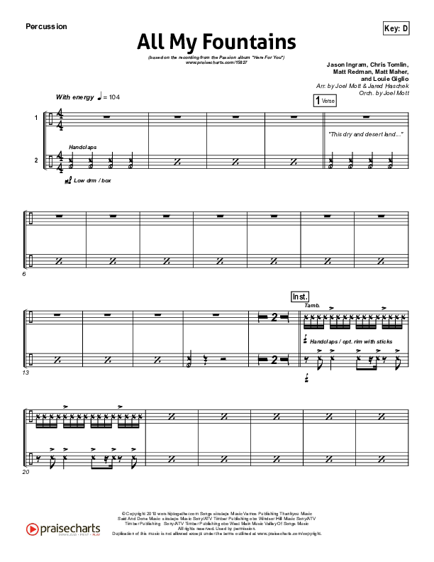 All My Fountains (Choral Anthem SATB) Percussion (Chris Tomlin / NextGen Worship / Arr. Richard Kingsmore)