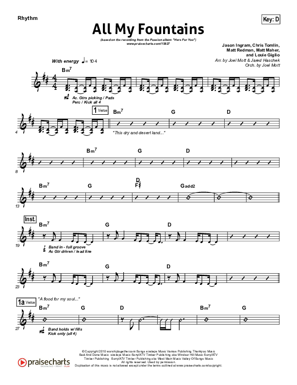 All My Fountains (Choral Anthem SATB) Rhythm Chart (Chris Tomlin / NextGen Worship / Arr. Richard Kingsmore)