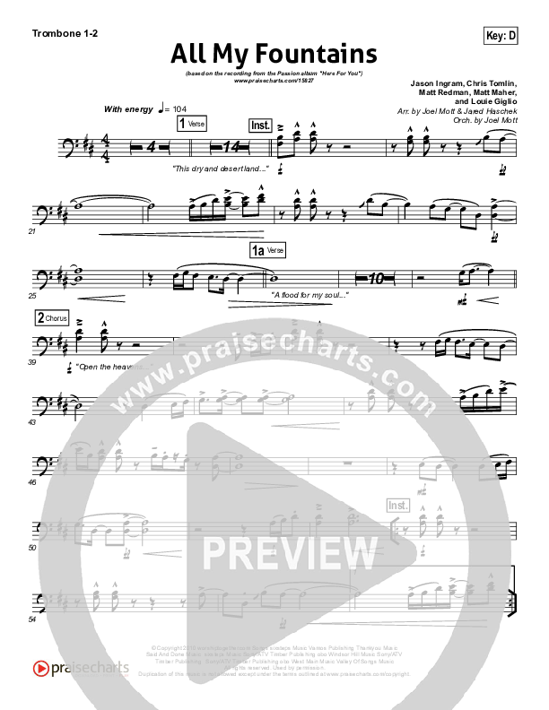 All My Fountains (Choral Anthem SATB) Trombone 1/2 (Chris Tomlin / NextGen Worship / Arr. Richard Kingsmore)