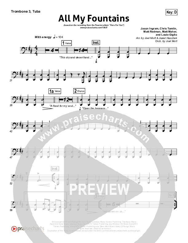 All My Fountains (Choral Anthem SATB) Trombone 3/Tuba (Chris Tomlin / NextGen Worship / Arr. Richard Kingsmore)
