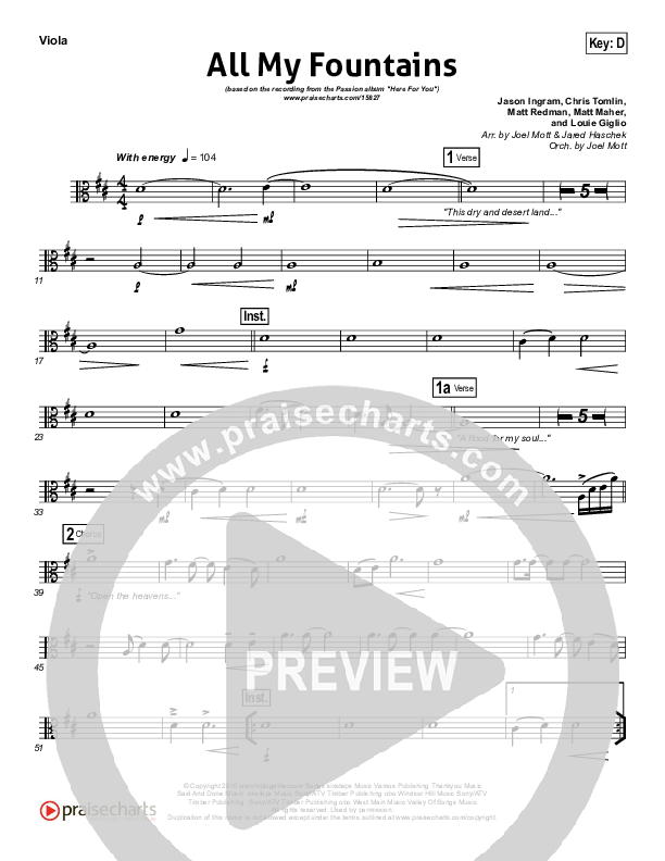 All My Fountains (Choral Anthem SATB) Viola (Chris Tomlin / NextGen Worship / Arr. Richard Kingsmore)