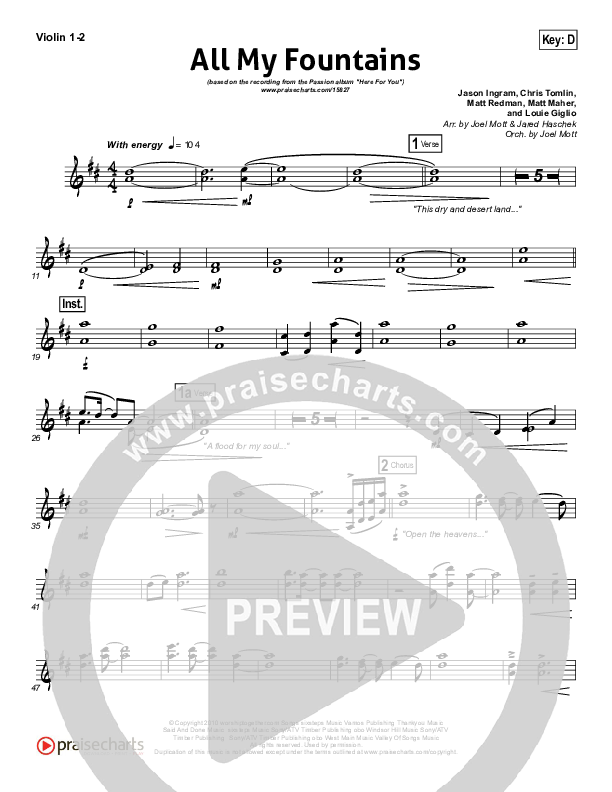 All My Fountains (Choral Anthem SATB) Violin 1/2 (Chris Tomlin / NextGen Worship / Arr. Richard Kingsmore)