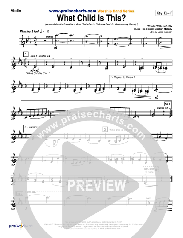 What Child Is This Violins (PraiseCharts Band / Arr. John Wasson)