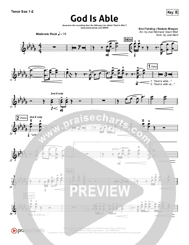 God Is Able (Choral Anthem SATB) Tenor Sax 1/2 (Hillsong Worship / Arr. Richard Kingsmore)
