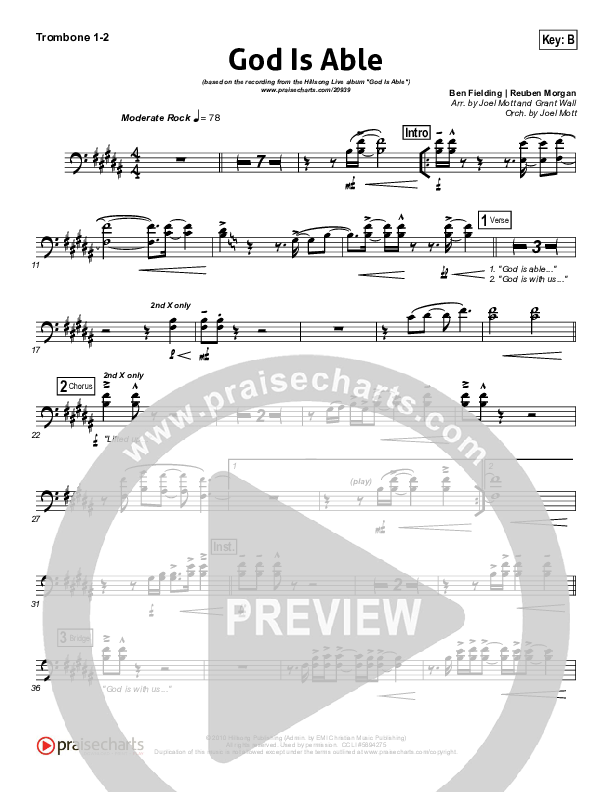God Is Able (Choral Anthem SATB) Trombone 1/2 (Hillsong Worship / Arr. Richard Kingsmore)
