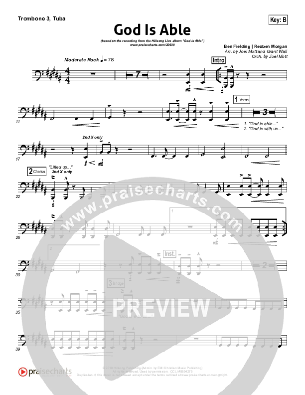 God Is Able (Choral Anthem SATB) Trombone 3/Tuba (Hillsong Worship / Arr. Richard Kingsmore)