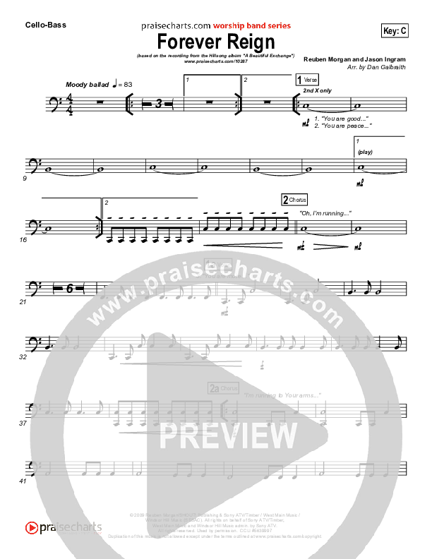 Forever Reign (Choral Anthem SATB) Cello/Bass (Hillsong Worship / Arr. Richard Kingsmore)