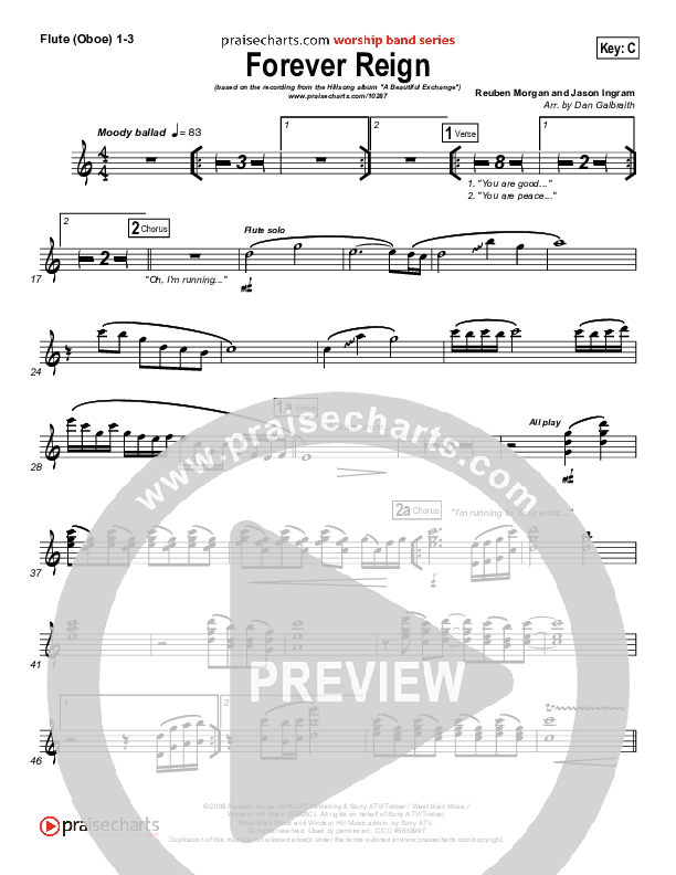 Forever Reign (Choral Anthem SATB) Flute/Oboe 1/2/3 (Hillsong Worship / Arr. Richard Kingsmore)
