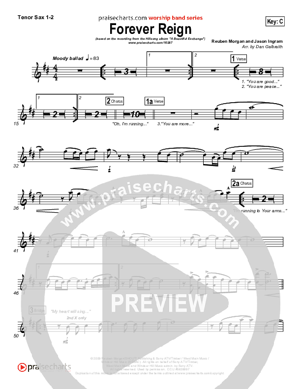 Forever Reign (Choral Anthem SATB) Tenor Sax 1/2 (Hillsong Worship / Arr. Richard Kingsmore)