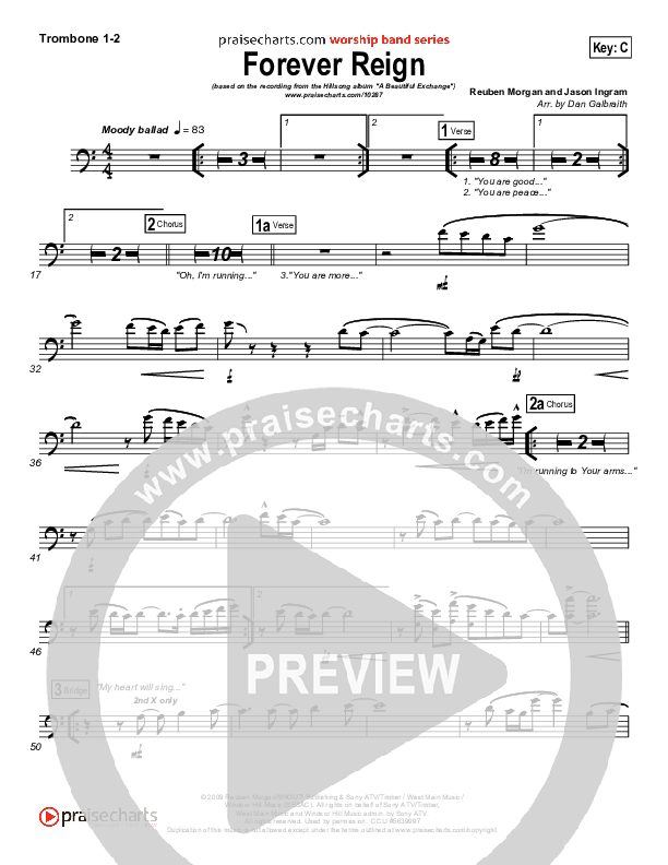 Forever Reign (Choral Anthem SATB) Trombone 1/2 (Hillsong Worship / Arr. Richard Kingsmore)
