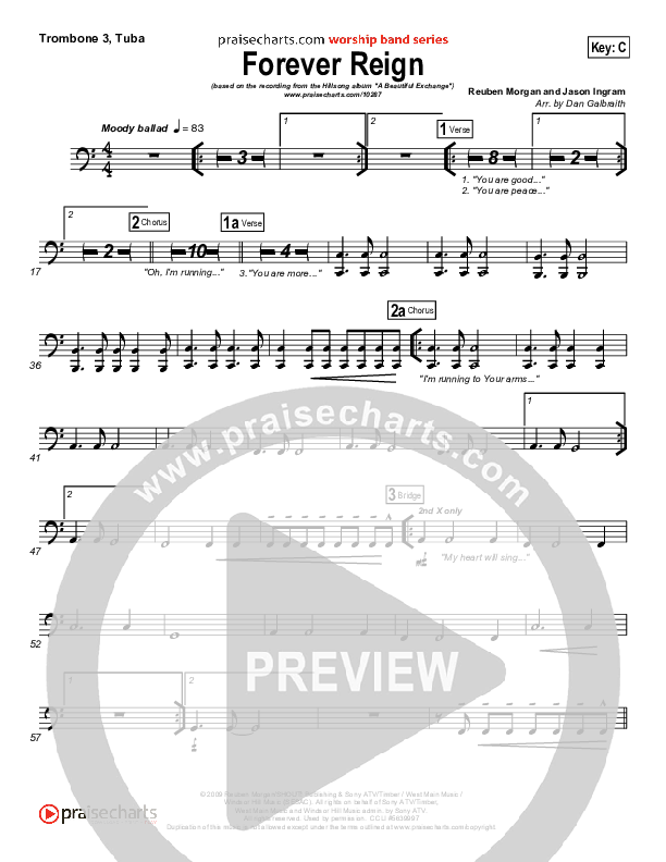 Forever Reign (Choral Anthem SATB) Trombone 3/Tuba (Hillsong Worship / Arr. Richard Kingsmore)