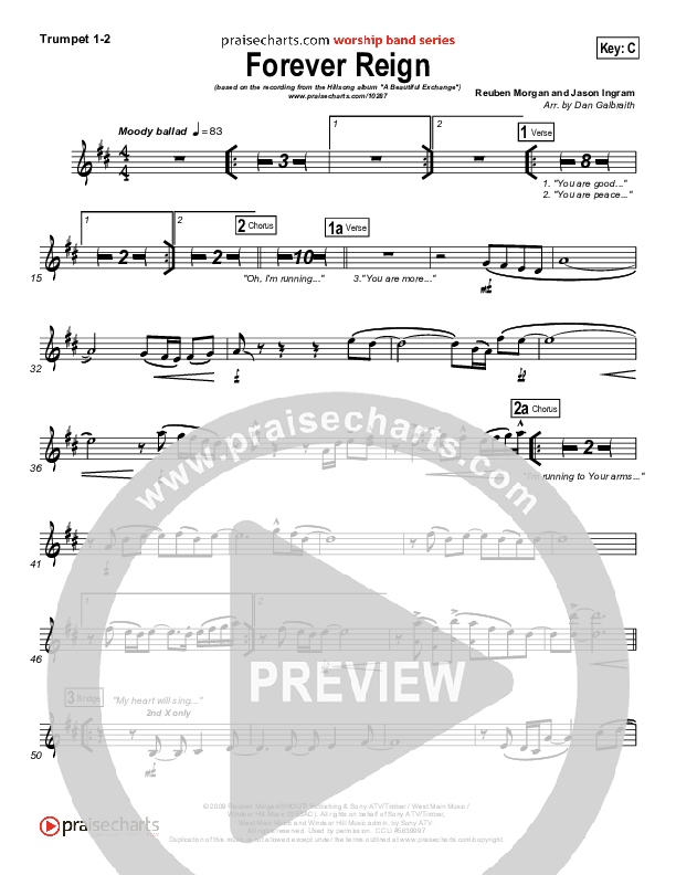 Forever Reign (Choral Anthem SATB) Trumpet 1,2 (Hillsong Worship / Arr. Richard Kingsmore)