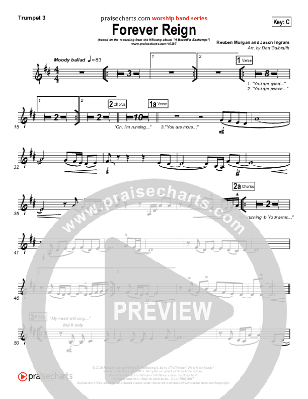 Forever Reign (Choral Anthem SATB) Trumpet 3 (Hillsong Worship / Arr. Richard Kingsmore)