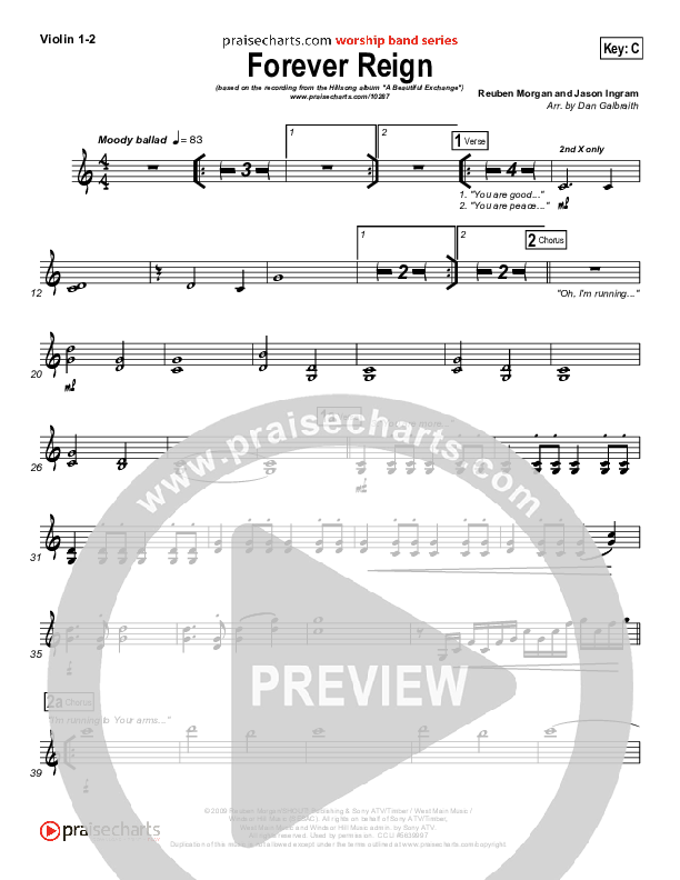 Forever Reign (Choral Anthem SATB) Violin 1/2 (Hillsong Worship / Arr. Richard Kingsmore)