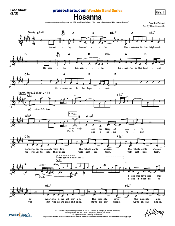 Hosanna (Choral Anthem SATB) Lead Sheet (SAT) (Hillsong Worship / NextGen Worship / Arr. Richard Kingsmore)