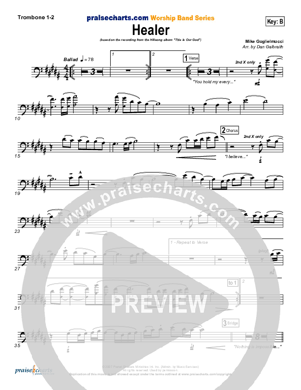 Healer (Choral Anthem SATB) Trombone 1/2 (Hillsong Worship / NextGen Worship / Arr. Richard Kingsmore)