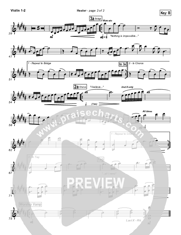 Healer (Choral Anthem SATB) Violin 1/2 (Hillsong Worship / NextGen Worship / Arr. Richard Kingsmore)