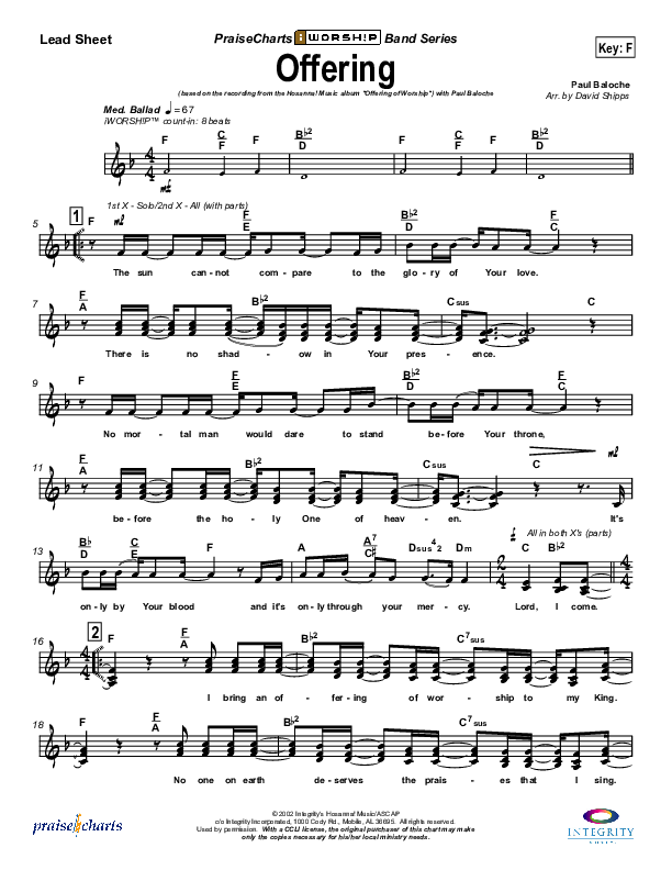 Offering (Choral Anthem SATB) Lead Sheet (SAT) (Paul Baloche / NextGen Worship / Arr. Richard Kingsmore)