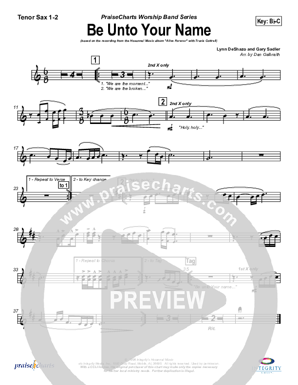 Be Unto Your Name (Choral Anthem SATB) Tenor Sax 1/2 (Travis Cottrell / NextGen Worship / Arr. Richard Kingsmore)