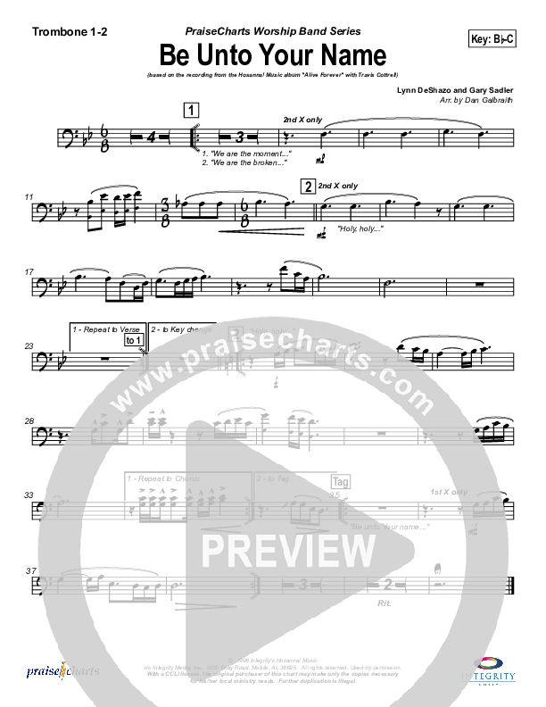 Be Unto Your Name (Choral Anthem SATB) Trombone 1/2 (Travis Cottrell / NextGen Worship / Arr. Richard Kingsmore)