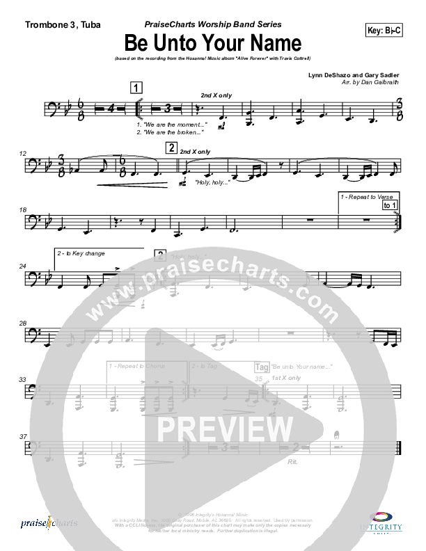Be Unto Your Name (Choral Anthem SATB) Trombone 3/Tuba (Travis Cottrell / NextGen Worship / Arr. Richard Kingsmore)