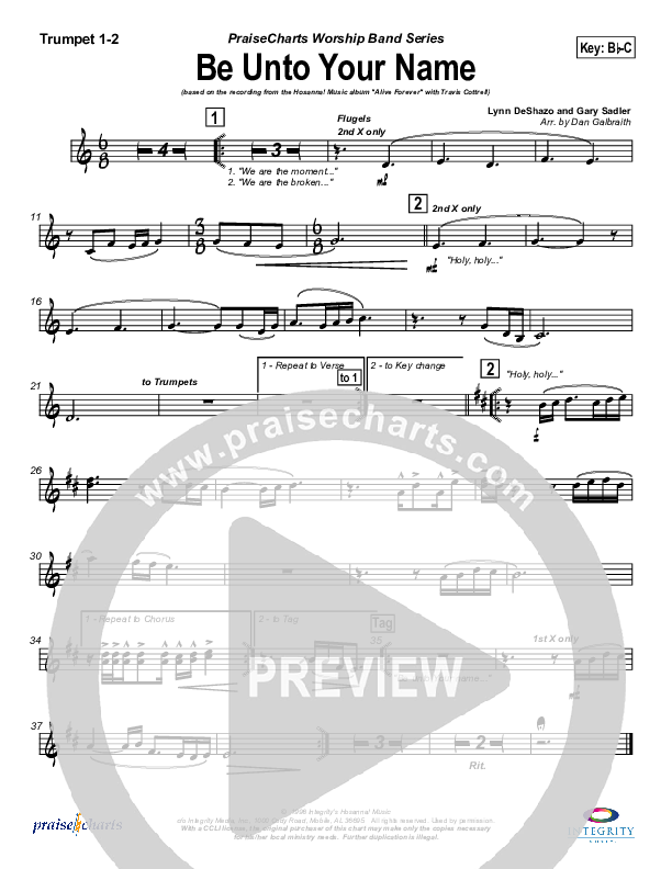 Be Unto Your Name (Choral Anthem SATB) Trumpet 1,2 (Travis Cottrell / NextGen Worship / Arr. Richard Kingsmore)