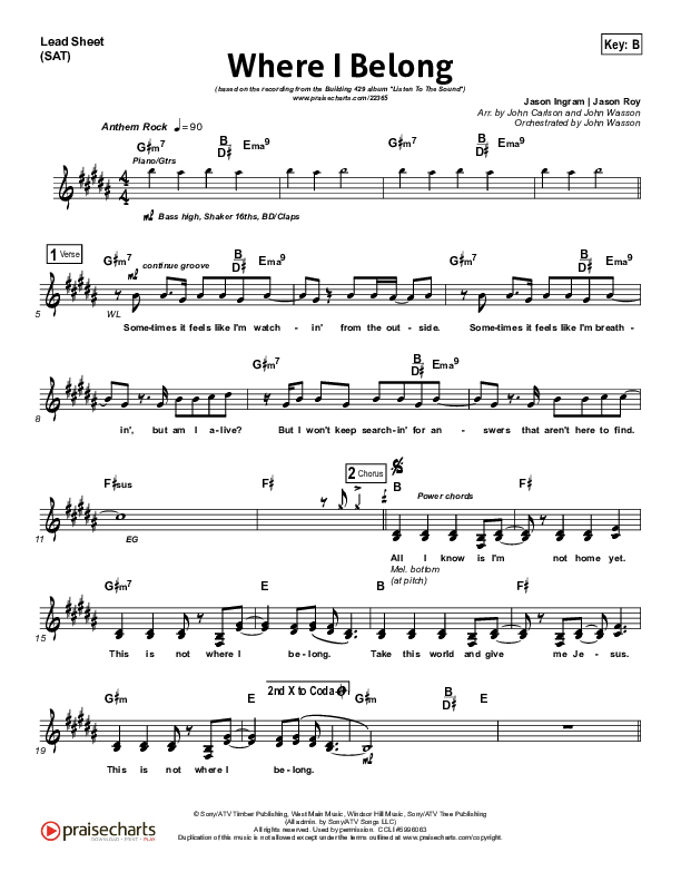 Where I Belong Lead Sheet (SAT) (Building 429)