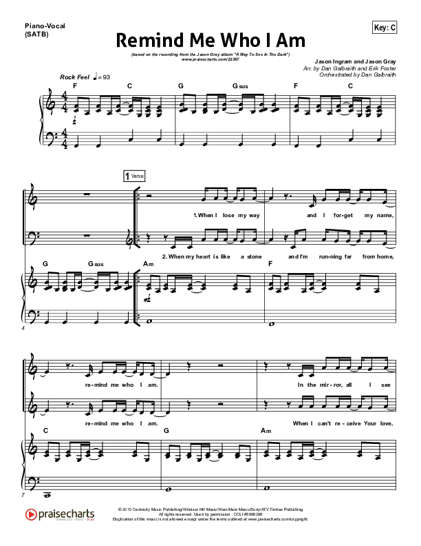 Remind Me Who I Am  Piano/Vocal (Jason Gray)