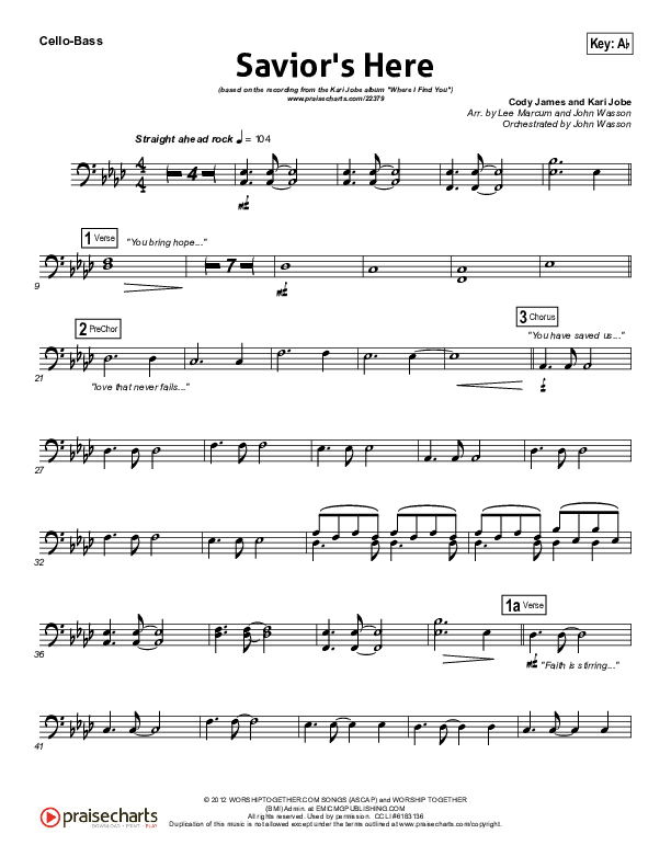 Savior's Here Cello/Bass (Kari Jobe)