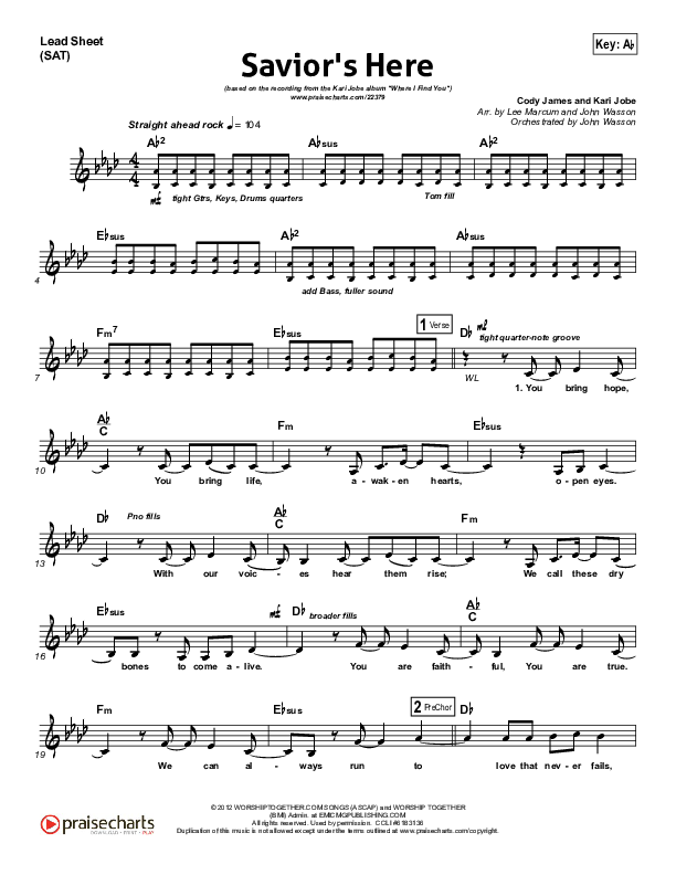 Savior's Here Lead Sheet (SAT) (Kari Jobe)