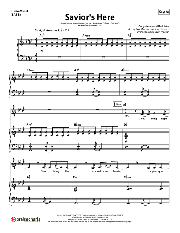 Savior's Here Piano/Vocal (SATB) (Kari Jobe)