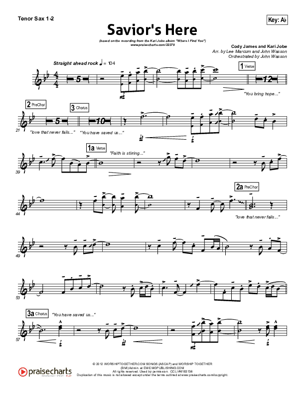 Savior's Here Tenor Sax 1/2 (Kari Jobe)