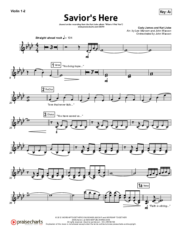 Savior's Here Violin 1/2 (Kari Jobe)