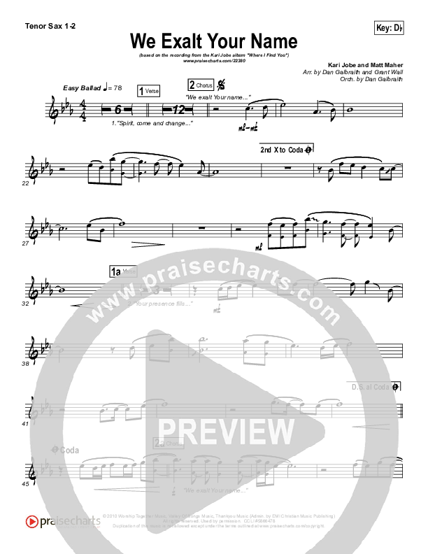 We Exalt Your Name Tenor Sax 1/2 (Kari Jobe / Matt Maher)
