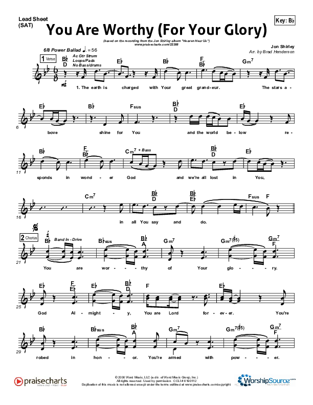 You Are Worthy (Of Your Glory) Lead Sheet (Jon Shirley)
