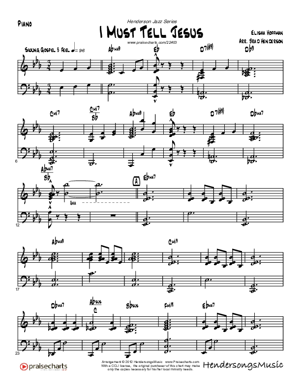 I Must Tell Jesus (Instrumental) Piano Sheet (Brad Henderson)