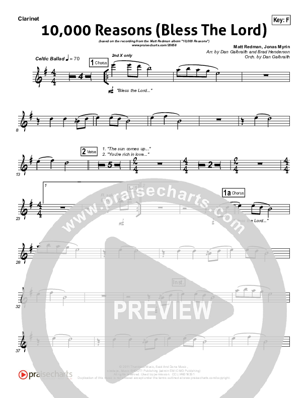 10,000 Reasons (Bless The Lord) (Choral Anthem SATB) Clarinet 1,2 (Matt Redman / NextGen Worship / Arr. Richard Kingsmore)