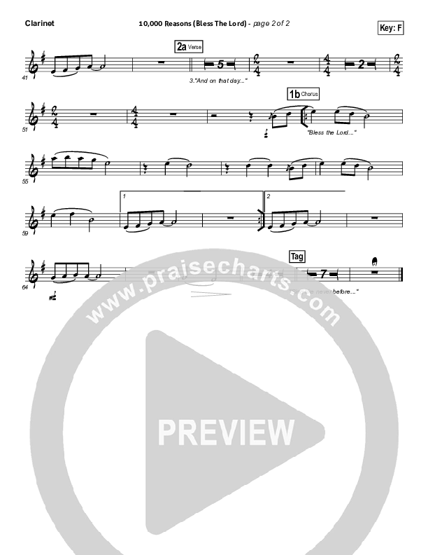10,000 Reasons (Bless The Lord) (Choral Anthem SATB) Clarinet 1,2 (Matt Redman / NextGen Worship / Arr. Richard Kingsmore)