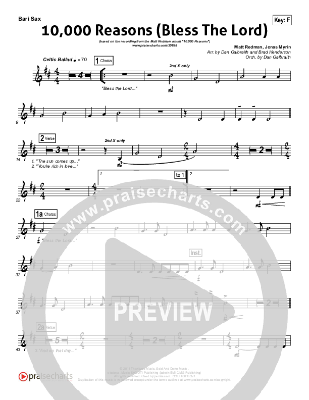 10,000 Reasons (Bless The Lord) (Choral Anthem SATB) Bari Sax (Matt Redman / NextGen Worship / Arr. Richard Kingsmore)