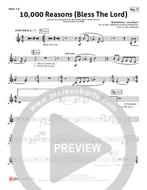10,000 Reasons (Bless The Lord) (Choral Anthem SATB) French Horn 1,2 (Matt Redman / NextGen Worship / Arr. Richard Kingsmore)