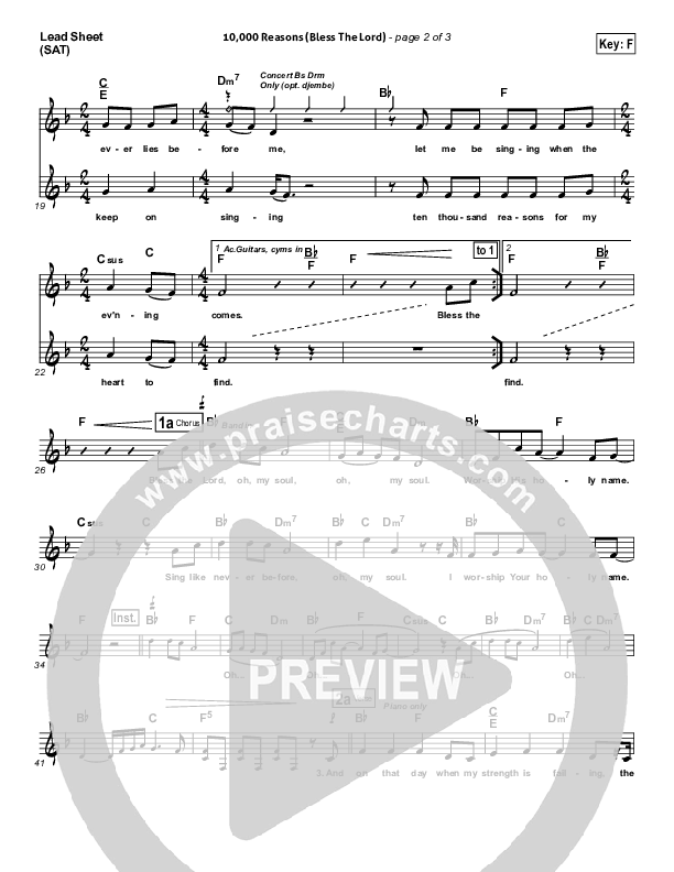 10,000 Reasons (Bless The Lord) (Choral Anthem SATB) Lead Sheet (Matt Redman / NextGen Worship / Arr. Richard Kingsmore)