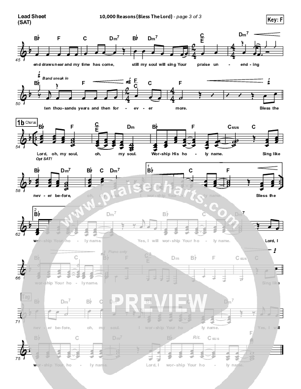 10,000 Reasons (Bless The Lord) (Choral Anthem SATB) Lead Sheet (Matt Redman / NextGen Worship / Arr. Richard Kingsmore)