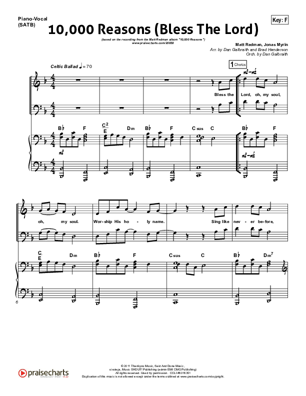 10,000 Reasons (Bless The Lord) (Choral Anthem SATB) Piano/Vocal (Matt Redman / NextGen Worship / Arr. Richard Kingsmore)
