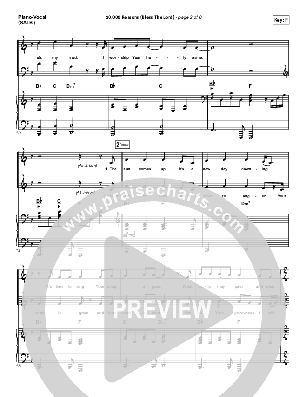 10,000 Reasons (Bless The Lord) (Choral Anthem SATB) Piano/Vocal (Matt Redman / NextGen Worship / Arr. Richard Kingsmore)