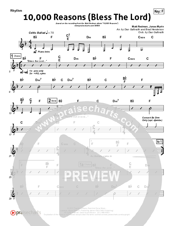 10,000 Reasons (Bless The Lord) (Choral Anthem SATB) Rhythm Chart (Matt Redman / NextGen Worship / Arr. Richard Kingsmore)