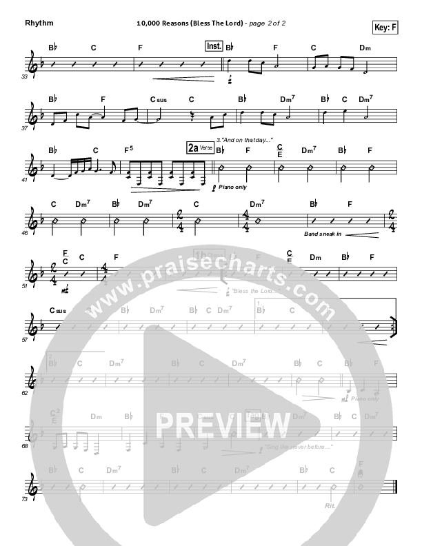 10,000 Reasons (Bless The Lord) (Choral Anthem SATB) Rhythm Chart (Matt Redman / NextGen Worship / Arr. Richard Kingsmore)