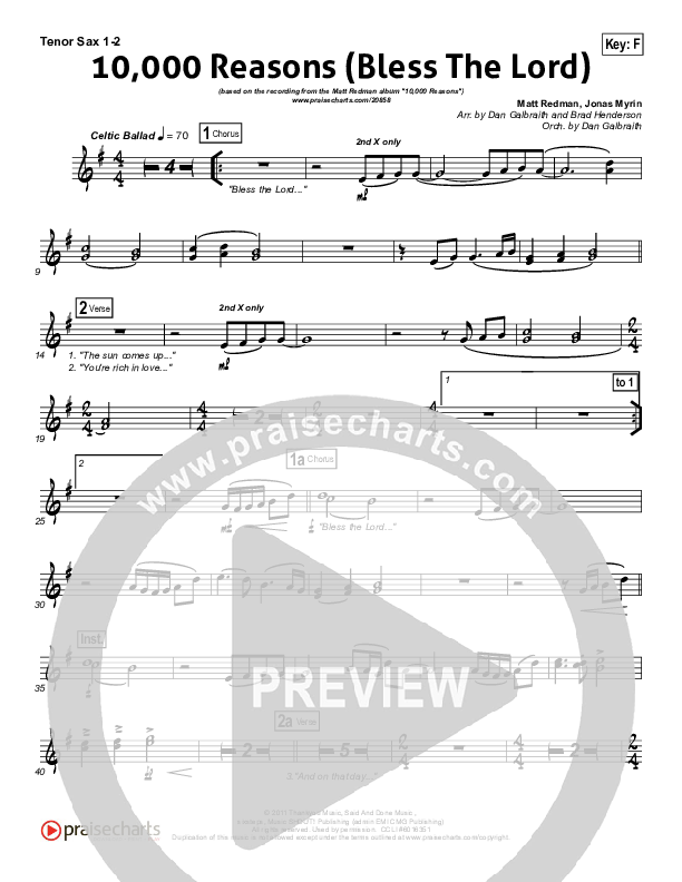 10,000 Reasons (Bless The Lord) (Choral Anthem SATB) Tenor Sax 1,2 (Matt Redman / NextGen Worship / Arr. Richard Kingsmore)