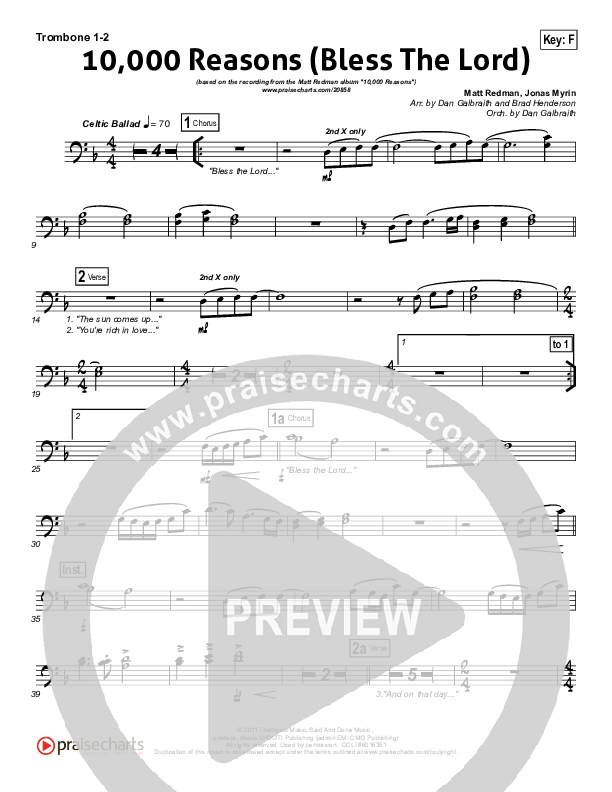10,000 Reasons (Bless The Lord) (Choral Anthem SATB) Trombone 1/2 (Matt Redman / NextGen Worship / Arr. Richard Kingsmore)